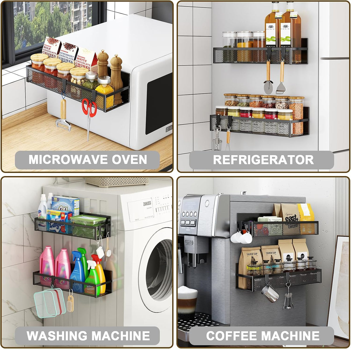 Magnetic Spice Rack for Refrigerator, 4 Pack Magnetic Shelf, Fridge Magnet Organizer with Moveable 8 Hooks, Magnetic Fridge Shelf for Kitchen Organization and Storage (4 Pack)