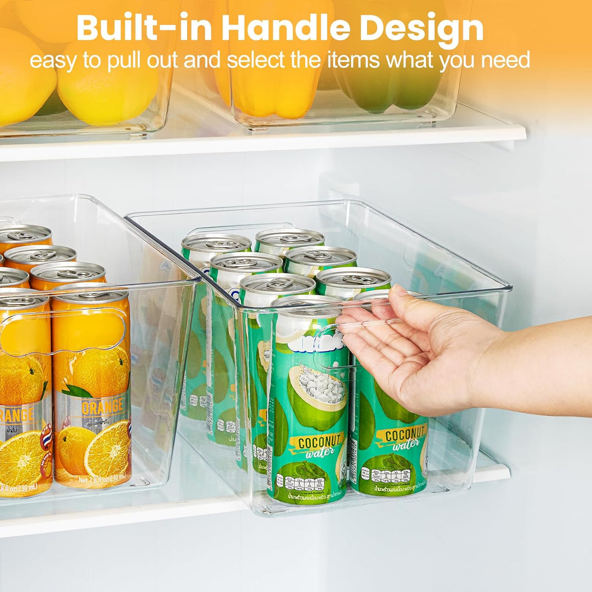 6 Pack Clear Storage Bins, Pantry Organizer Bins with Handle, Large