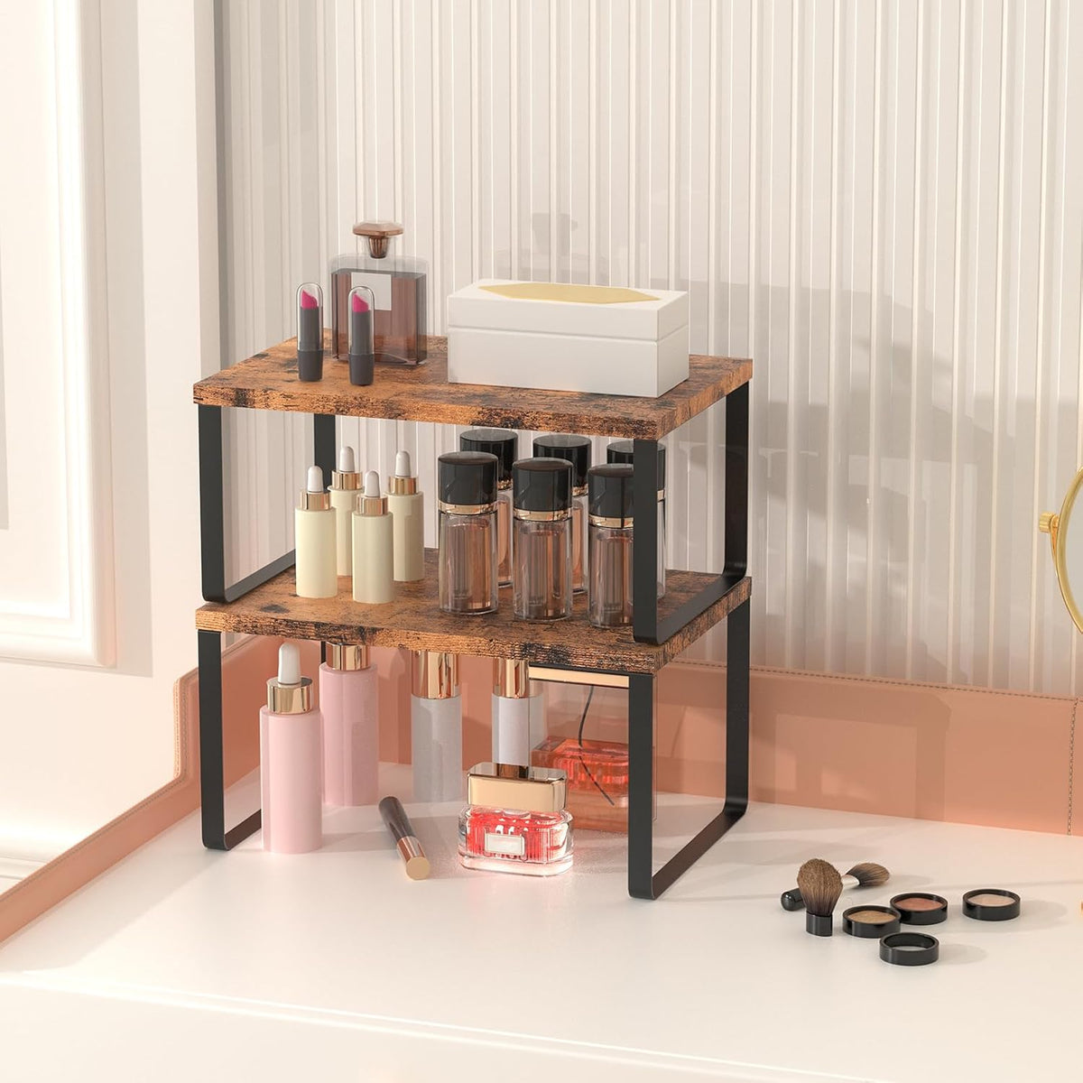 Set of 4 Counter Shelves Kitchen Cabinet Shelf Organizer Brown