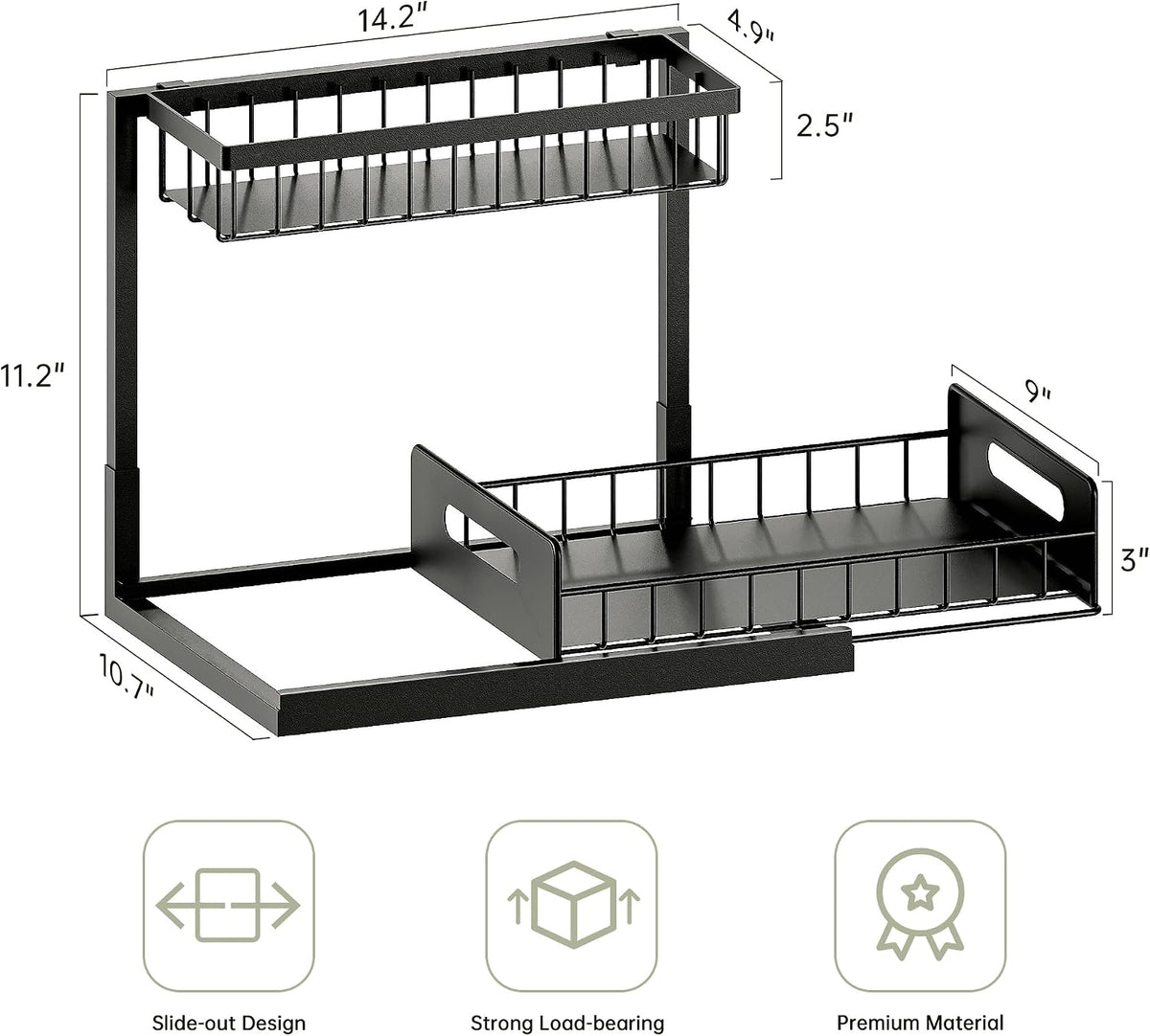 Under Sink Organizer and Storage, Slide Out Cabinet Organizer, Pull Out Sink Shelf for Kitchen Bathroom Laundry, 2 Pack Black