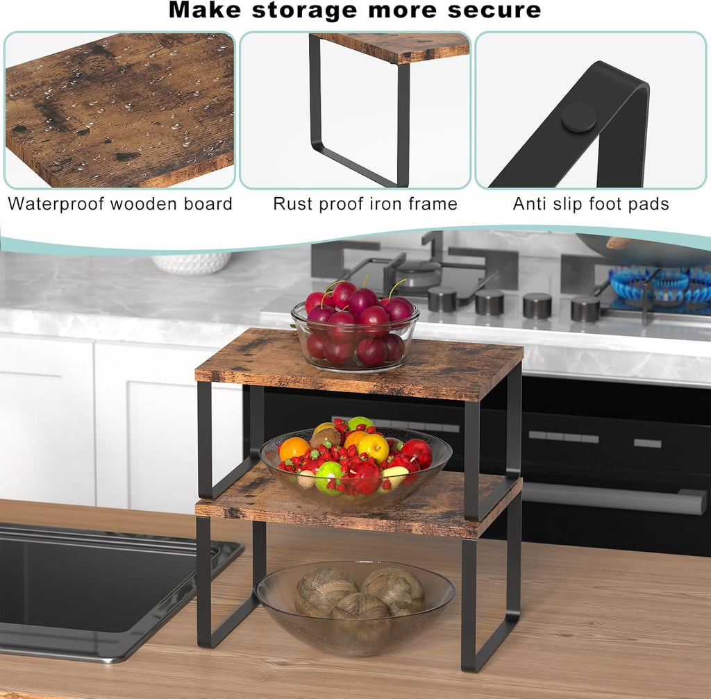 Set of 4 Counter Shelves Kitchen Cabinet Shelf Organizer Brown