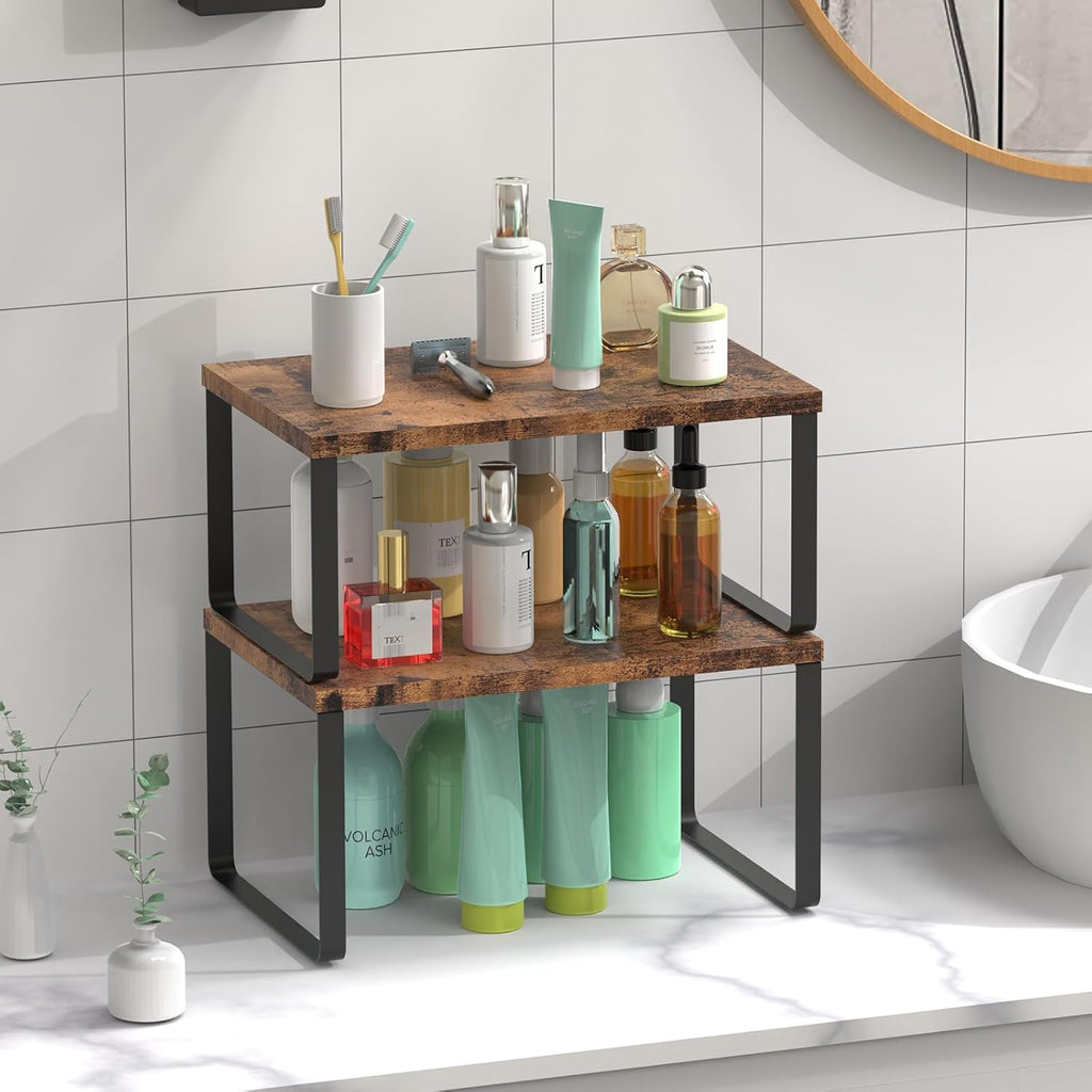 Set of 4 Counter Shelves Kitchen Cabinet Shelf Organizer Brown