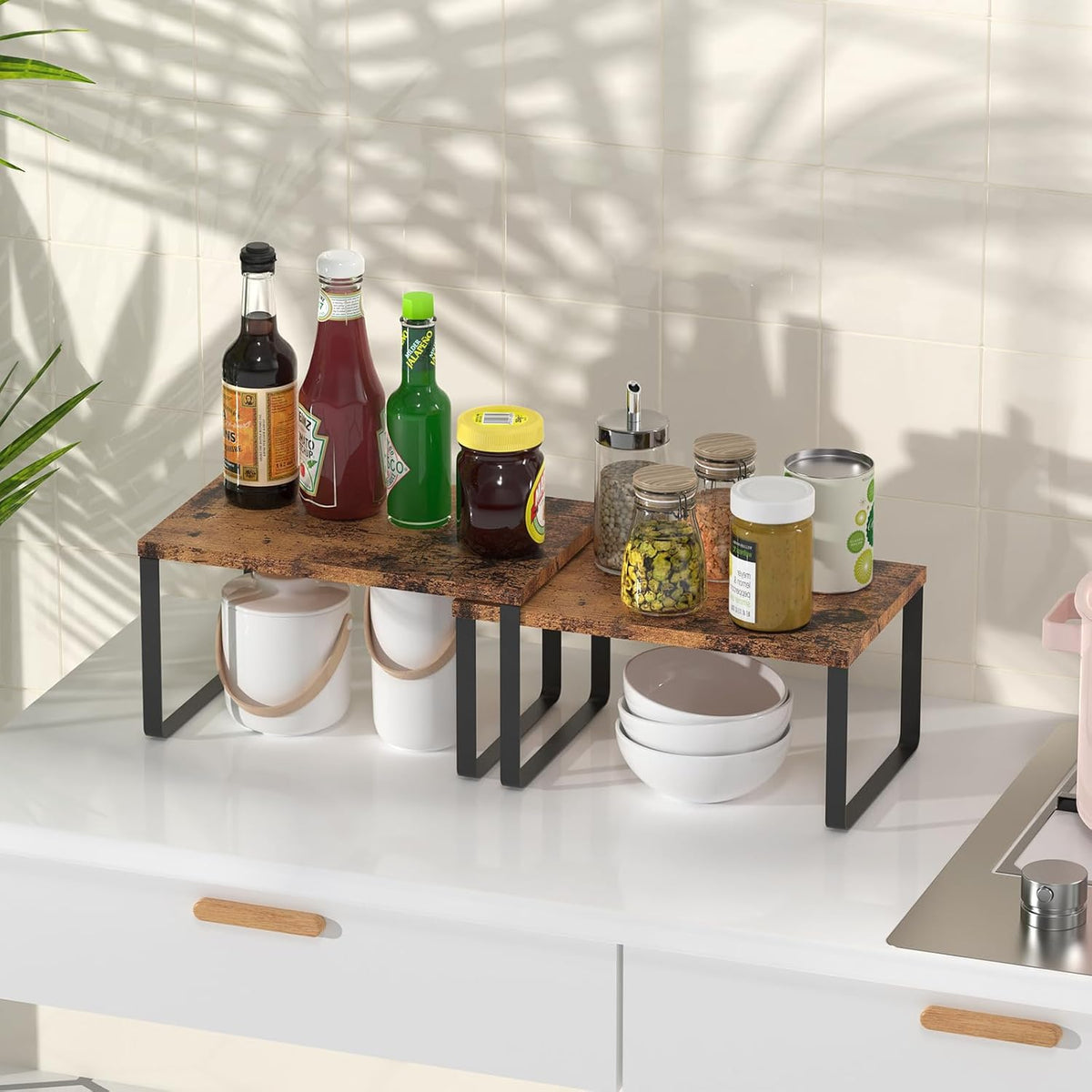 Set of 4 Counter Shelves Kitchen Cabinet Shelf Organizer Brown