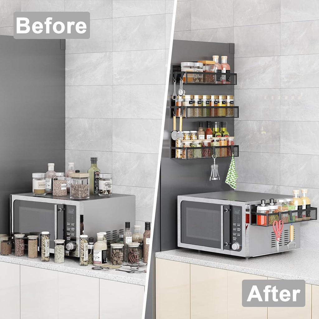 Magnetic Spice Rack for Refrigerator, 4 Pack Magnetic Shelf, Fridge Magnet Organizer with Moveable 8 Hooks, Magnetic Fridge Shelf for Kitchen Organization and Storage (4 Pack)