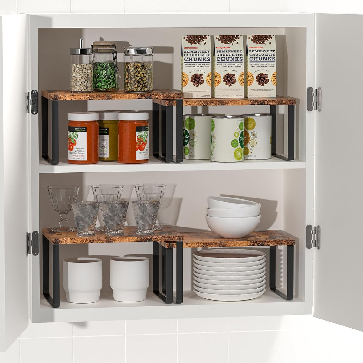 Set of 4 Counter Shelves Kitchen Cabinet Shelf Organizer Brown